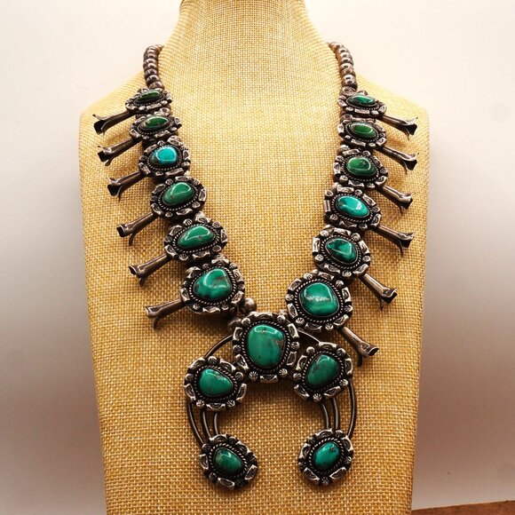 Unique Vintage Native Navajo Turquoise Squash Blossom Ornate Silver Necklace 27" - Picture 13 of 13
